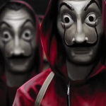 A group of characters in red jumpsuits for the Money Heist quiz.