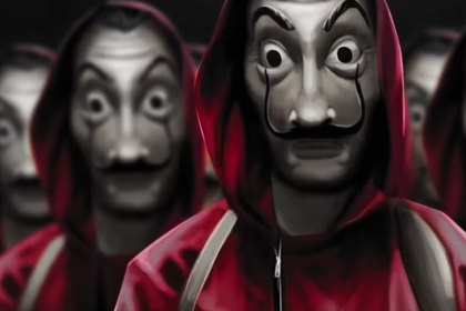 A group of characters in red jumpsuits for the Money Heist quiz.