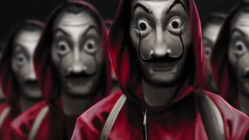 A group of characters in red jumpsuits for the Money Heist quiz.