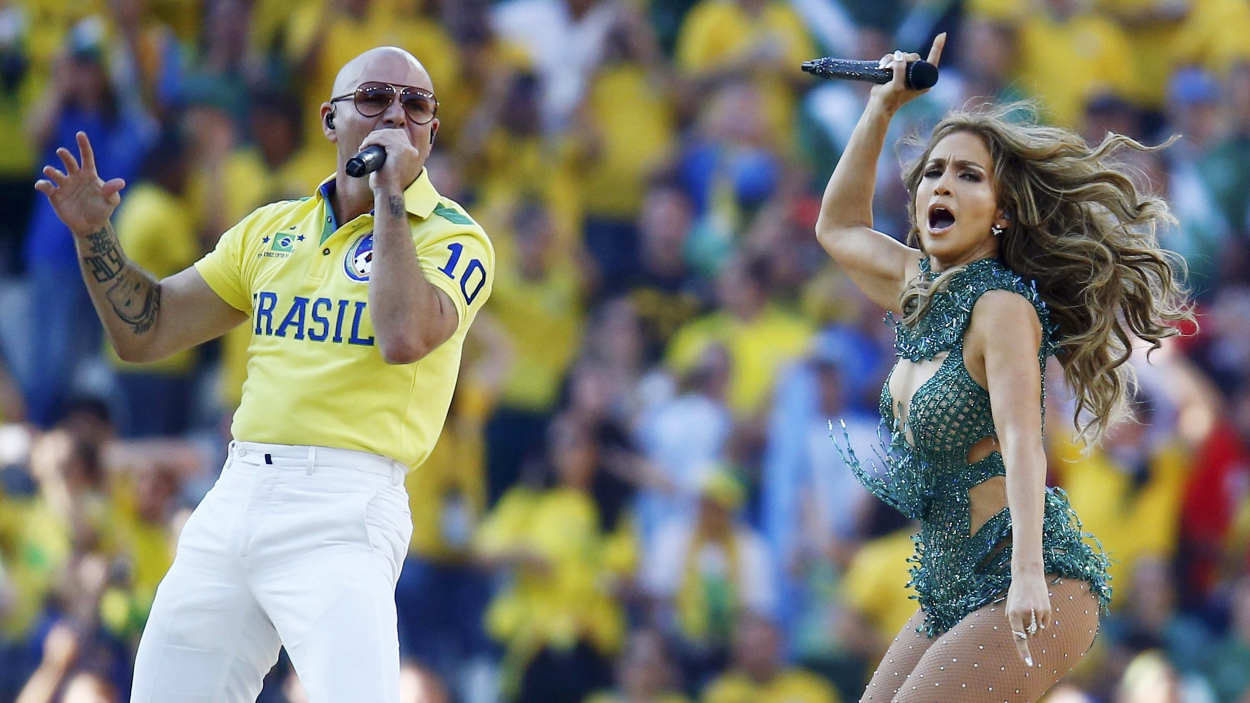 Image: Singers Jennifer Lopez and Pitbull perform during the opening ceremony of the 2014 World Cup at the Corinthians arena in Sao Paulo